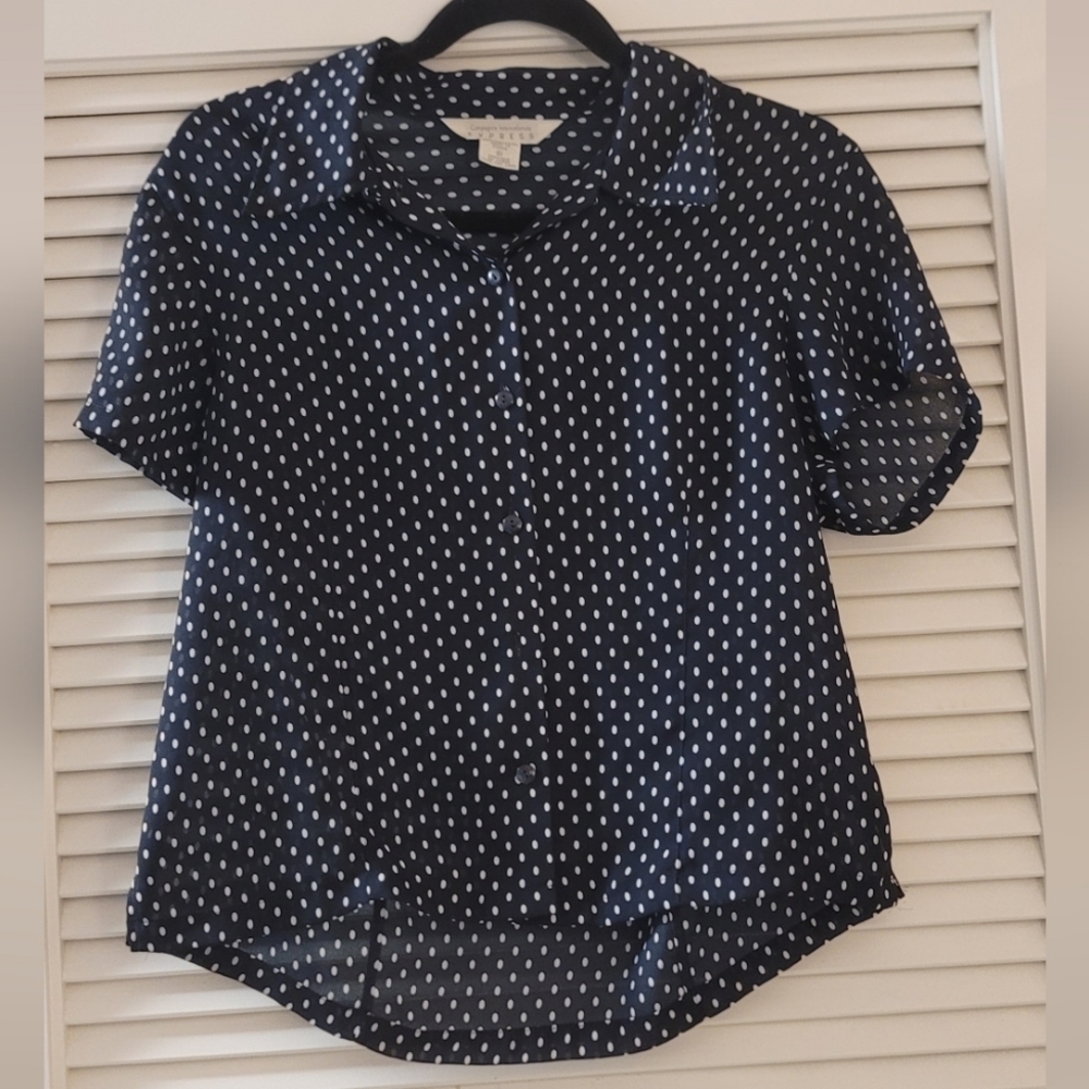 Express- Vintage Black & White Polka-Dot Short-Sleeve Button Lightweight Shirt